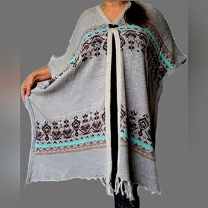 Kontrol Women's Oversized Poncho, Cover Up, Shrug, Tribal Print, Fringe, XL